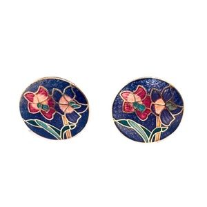 Vintage Cloisonné Floral Enameled Disc Earrings